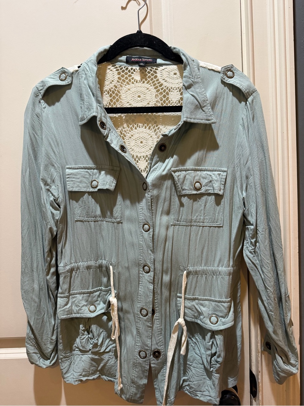 Jealous Tomato Light Sage Utility Jacket with Crochet Back Panel